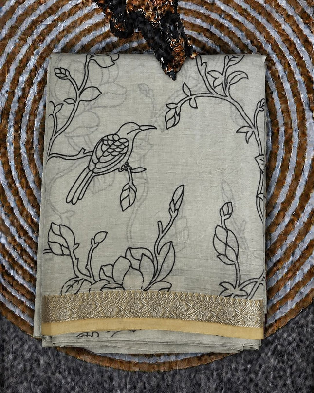 Mul Tissue Saree With Floral Print Small Kanchi Border- White & Mustard