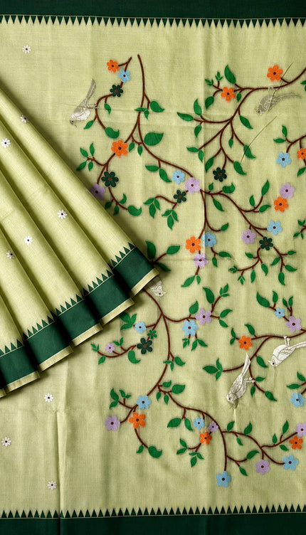 Cotton Chanderi Jamdani Saree with Self Weaving Floral Design - Green
