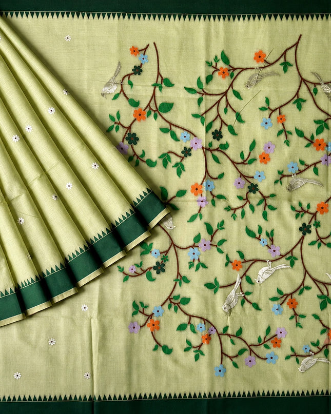 Cotton Chanderi Jamdani Saree with Self Weaving Floral Design - Green