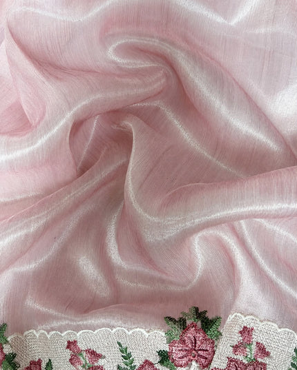 Linen Tissue Saree with square boxes Butties and Cross stich Scallop Border - Onion Pink