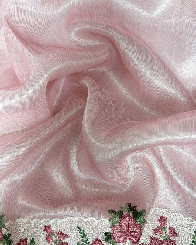 Linen Tissue Saree with square boxes Butties and Cross stich Scallop Border - Onion Pink