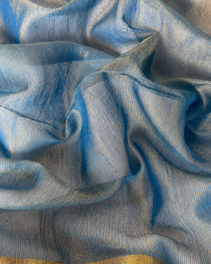 Tusser Silk Saree  With Thread Weaving Butties  With Golden Border- Light Blue