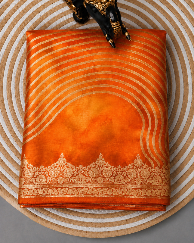 Banaras Crepe Saree With Shibori and Meenakari Weaving Golden Zari Border - Orange