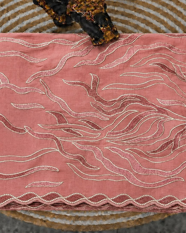 Mul Chanderi Saree with Abstract Thread work Scallop Border- Pink