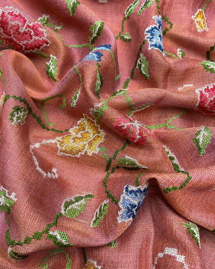 Tissue Linen Saree with Mirror Work Border- Peach