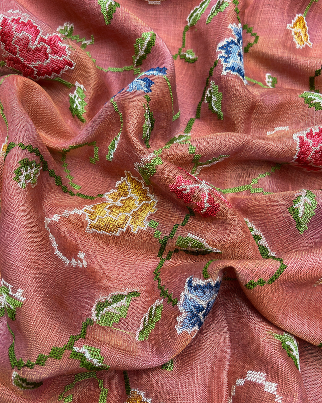 Tissue Linen Saree with Mirror Work Border- Peach