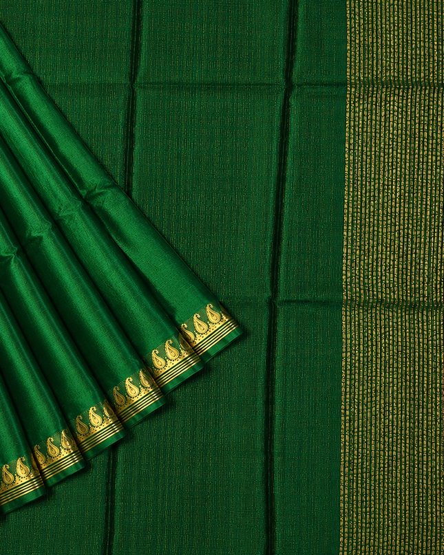 Crepe Saree with Golden Zari contrast Border - Bottle Green