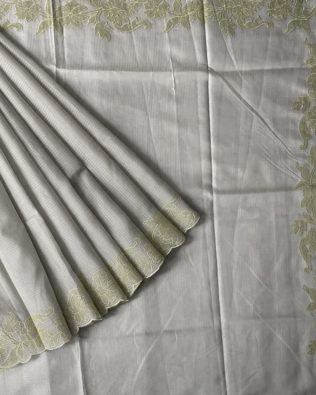 Kota Silk Saree with Contrast  Thread Embroidery Cut Work Border  - Beige & Mehandi Green