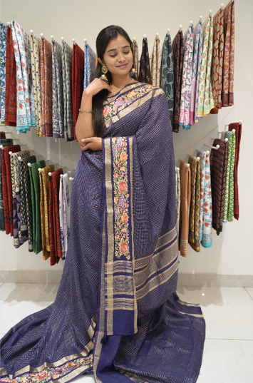 munga silk saree with allover checks,parsi work and gap border-navy blue
