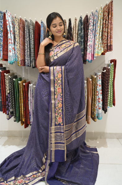 munga silk saree with allover checks,parsi work and gap border-navy blue