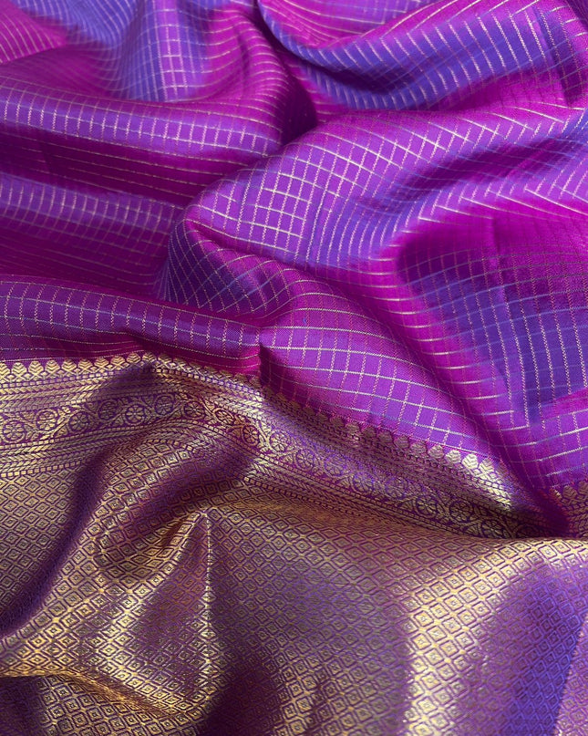 Pure Pattu Saree With Golden Check Weaving and Flower Buttes and Contrast Border - Peacock Blue