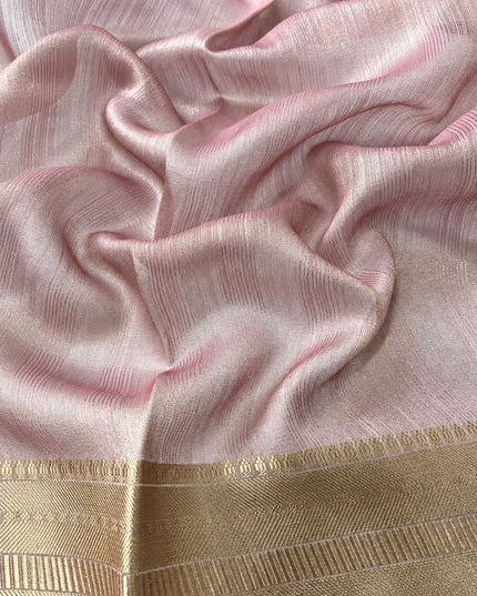 Jute Tissue Silk Saree With Floral Print and Contrast Border- Light Pink