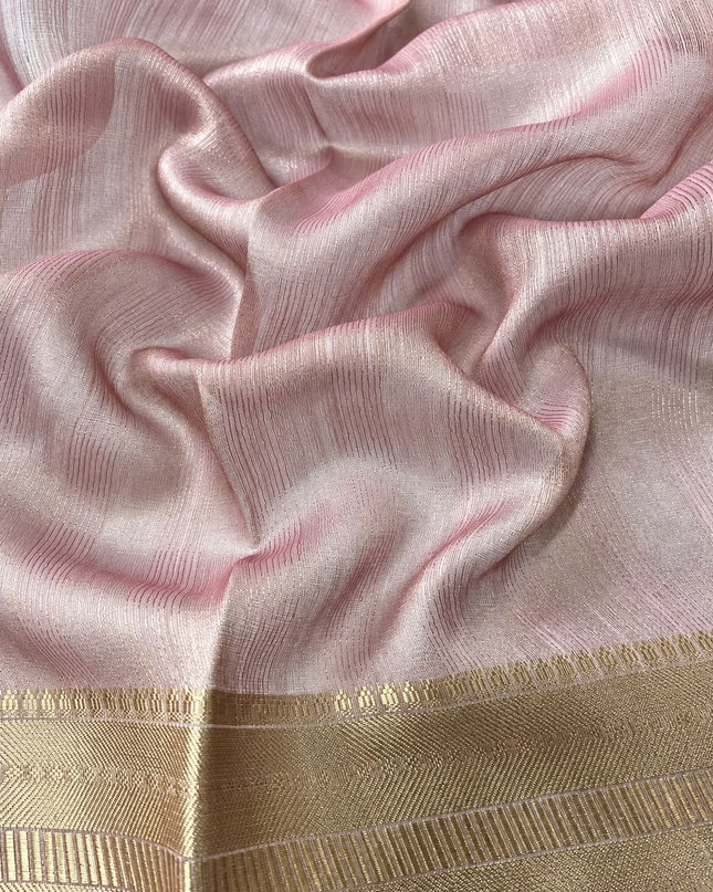 Jute Tissue Silk Saree With Floral Print and Contrast Border- Light Pink