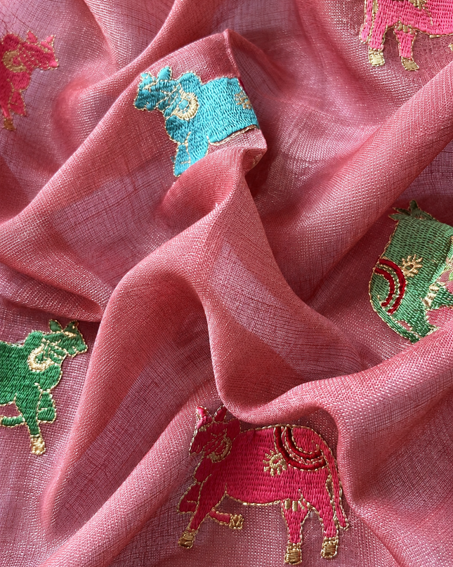 Linen Tissue Saree with Multi Stripes and Pichwai Border - Maroon