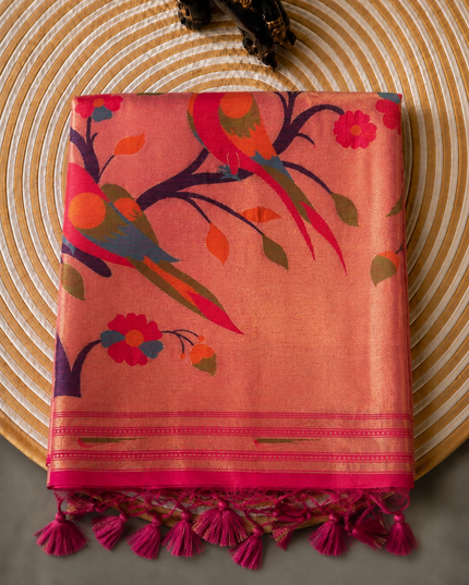 Chanderi  Saree with All over Golden Butties and muniya Border - Pink