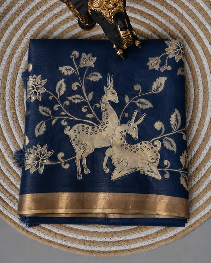 Kora Tusser kalmkari Sarree  With  Dori work and  Golden Border-  Navy Blue