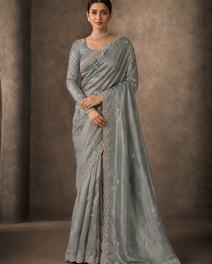Soft  Tissue Organza Saree With Kardhana Work and Scallop Border-Light Green