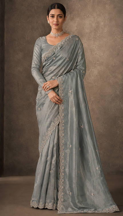 Soft  Tissue Organza Saree With Kardhana Work and Scallop Border-Light Green