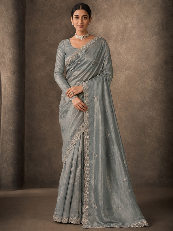 Soft  Tissue Organza Saree With Kardhana Work and Scallop Border-Light Green