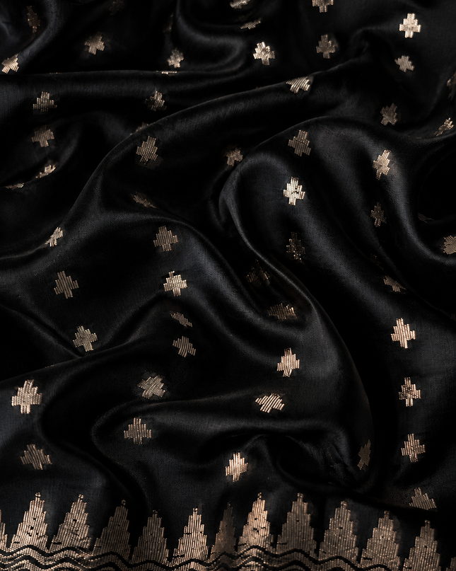 Chanderi  Silk Saree with All over Jamdani weaving style and golden Zari border - Black
