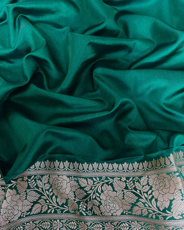 Banaras saree with All over Antic Zari Weaving Jall Design and Zari Antic Border -  Bottle Green