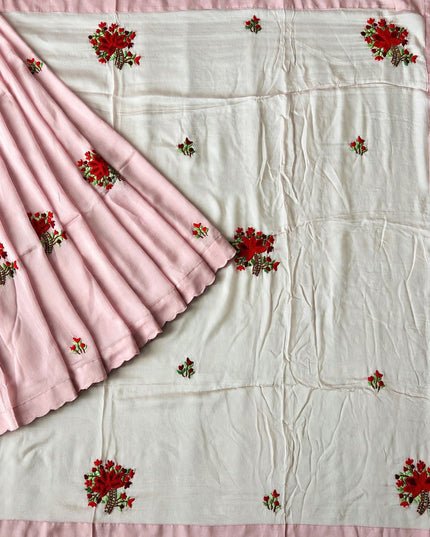 Italian Silk Saree With Kantha Work and French knot Work and Scallop Border- Pink