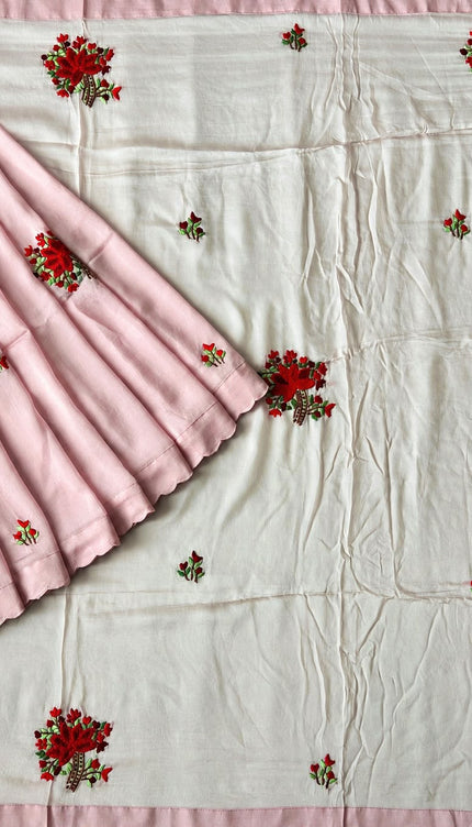Italian Silk Saree With Kantha Work and French knot Work and Scallop Border- Pink