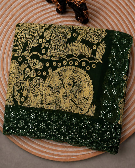 Georgette Saree With Kalmkari Print and Scallop Border and Mirror Work  - Bottle Green