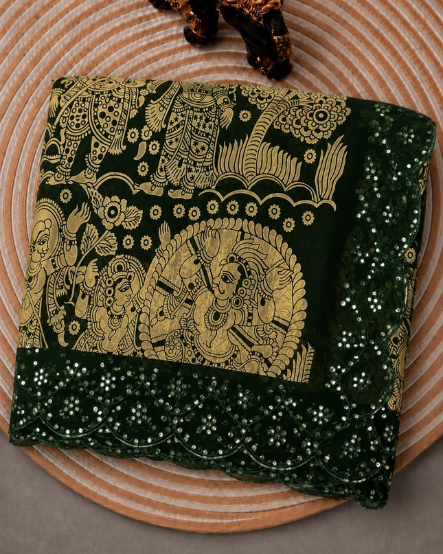 Georgette Saree With Kalmkari Print and Scallop Border and Mirror Work  - Bottle Green