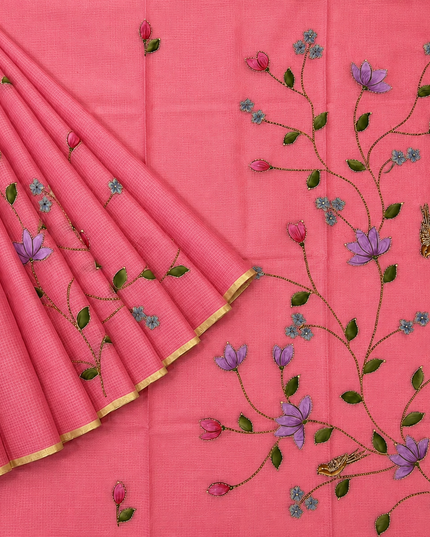 Kota Silk Saree with All over Thread Weaving Flower Butties and Golden Border -  Pink