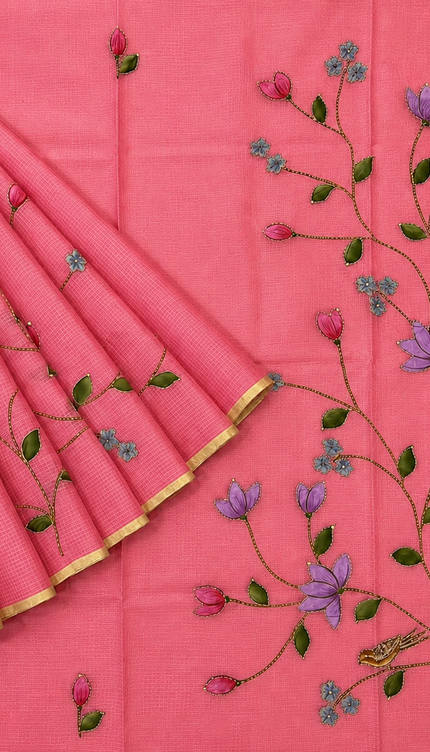 Kota Silk Saree with All over Thread Weaving Flower Butties and Golden Border -  Pink