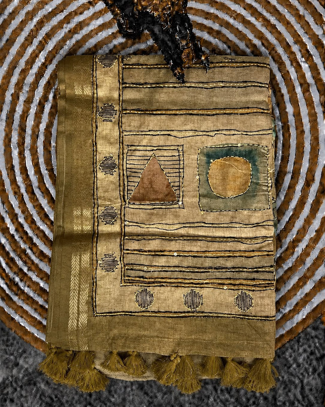 Tusser Silk Saree With Floral Print and Kantha work and Contrast Border - Olive Green