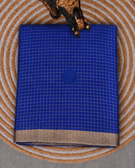 Pure Orznga  Saree With Allover Golden Checks and Thread work  Buttes and Small Golden Border- Royal Blue
