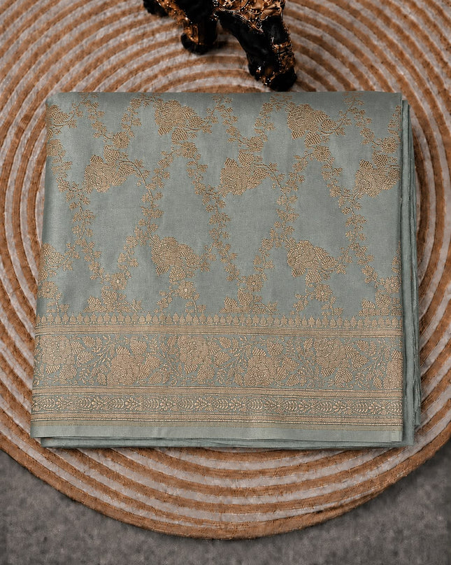 Banaras saree with All over Antic Zari Weaving Jall Design and Zari Antic Border - Sage Green