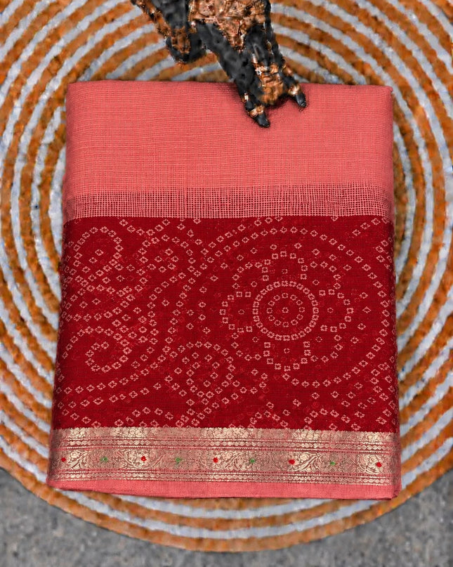 Pure Silk Kota Saree With Bhandni Print and Small Kanchi Border - Coral