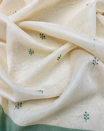 Silk Kota Saree with Floral Print and Thread Embroidery work Border with Lace - Olive Green
