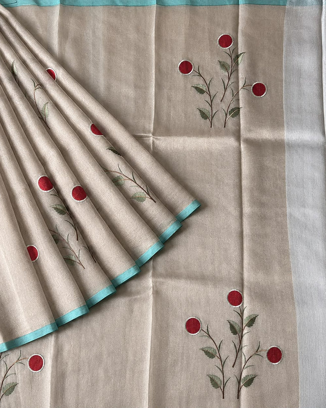 Pure Tissue Saree  with Embroidery Work and  piping border - Gold & Green