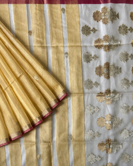 Kora Silk Saree with Self Weaving Floral Design - Mustard
