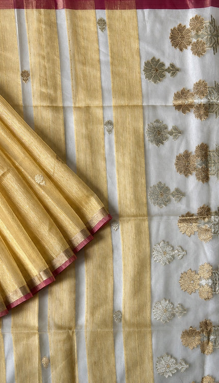 Kora Silk Saree with Self Weaving Floral Design - Mustard