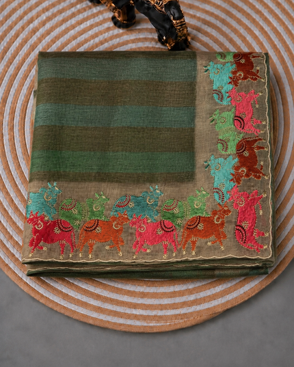 Linen Tissue Saree with Multi Stripes and Pichwai Border - light Green
