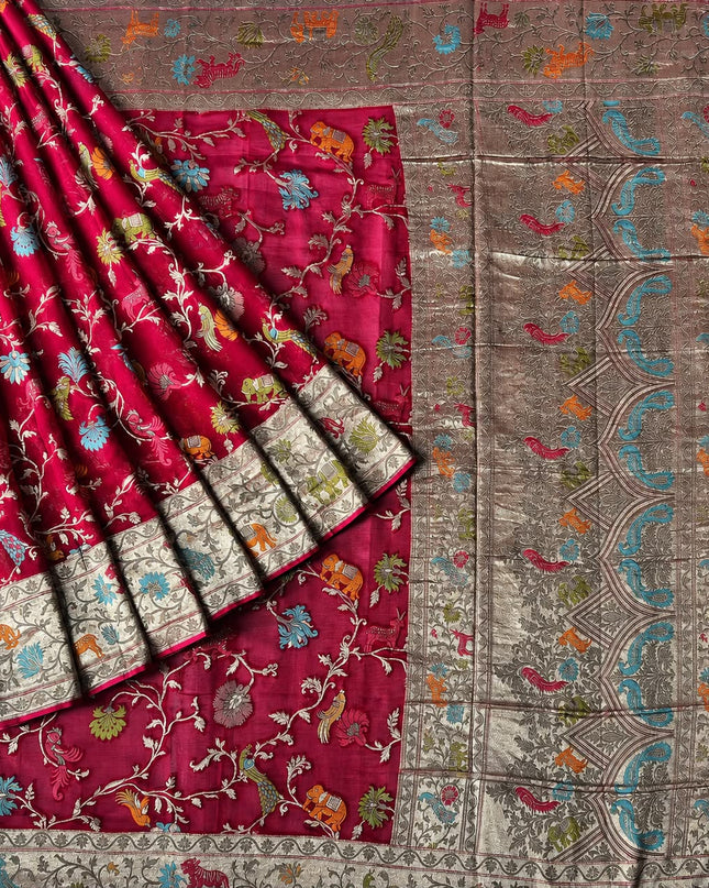 Munga Georgette saree with all overAntic Gold Zari Weaving  - Rani Pink