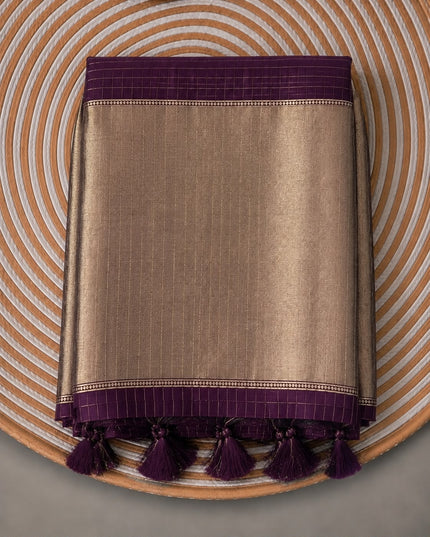 Cotton Chanderi Jamdani Saree withfloral Print Golden Border - Purple
