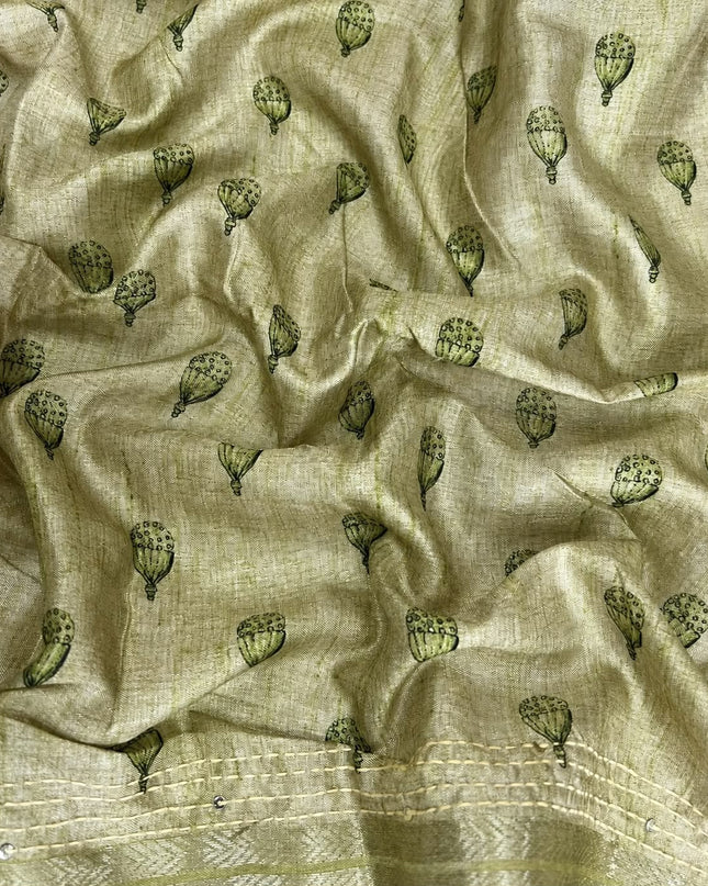 Tusser Silk Saree With Floral Print and Contrast Border - Mehandi Green