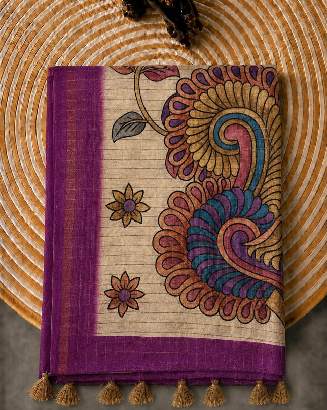 Tusser Silk Saree With All over Golden Checks Design and Kalamkari Pallu - Purple
