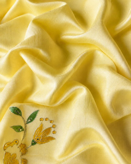 Mul  chanderi saree with  Foral Print and  Ari Work Pearl Border - Lemon  yellow