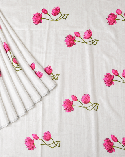 Mul cotton saree and Hand Painting with Tassels-  White