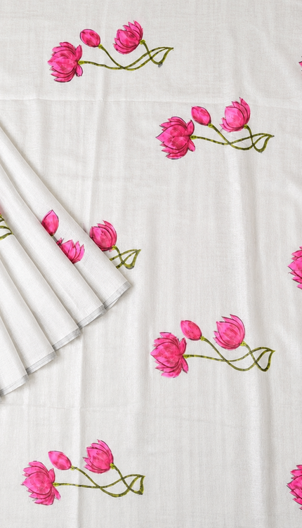Mul cotton saree and Hand Painting with Tassels-  White