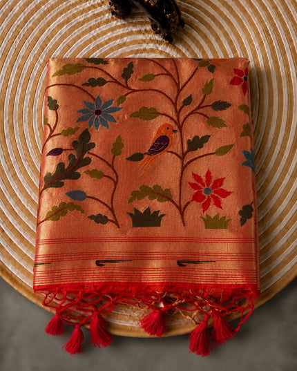 Chanderi  Saree with All over Golden Butties and muniya Border -  Red