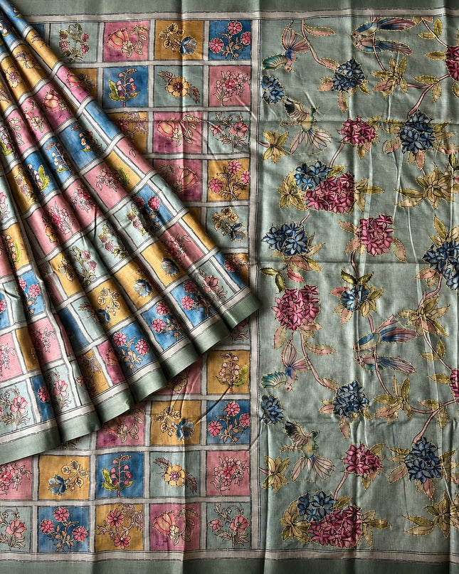 Tusser Silk Saree With Floral Print and Contrast Border - Sage Green