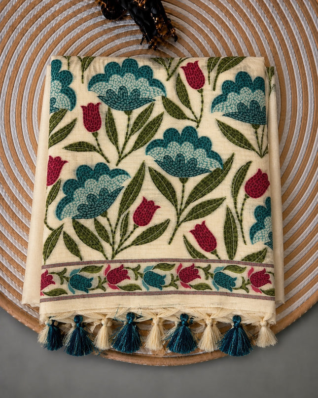Cotton Chanderi  Jamdani Saree with Self Weaving Floral Design - Cream &  Blue